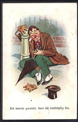 Artist postcard man with one hand on a bollard, wonders that he is bald 