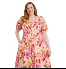 Vince Camuto Plus 20W Pink Square Neck Floral Puff Sleeve Fit & Flare Midi Dress