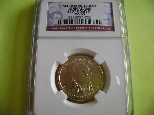 2007-D JOHN ADAMS NGC SMS MS 68 SATIN FINISH DOLLAR COIN