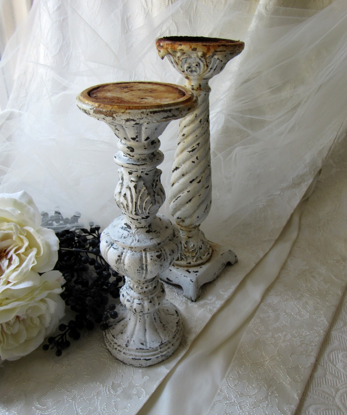 ON SALE! 2 Patina Candle Holders,Distressed,Shabby,Barn,Farm