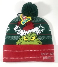 Dr. Seuss THE GRINCH  SNOWFLAKES Knit BEANIE WINTER HAT PomPom Bioworld New 