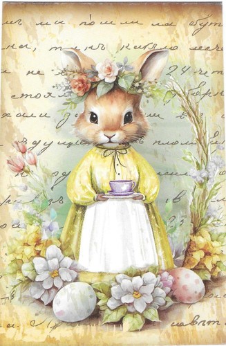 Vintage Ostern Postkarte RETRO Antik NEU NACHDRUCK Garten Hase Kaninchen Teetasse