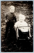 c1910's Little Children With Rocking Horse Toy RPPC Photo Antique Postcard