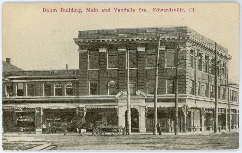 Antique 1910 Postcard Storefronts Bohm Bldg Main & Vandalia Sts Edwardsville IL