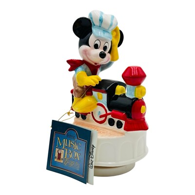 Vintage Schmid Disney Mickey Riding a Train Music Box Working On The Railroad