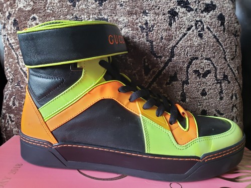 RARE Gucci NEON Men High Top Sneaker Black Orange Light Green 8.5 UK 9.5 US $990 - Picture 5 of 23