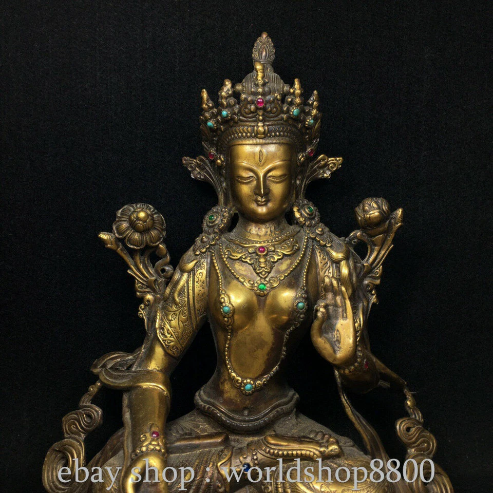 12.4" Antigua China Cobre Incrustación Gema Blanca Tara Espíritu de Compasión Diosa Estatua Foto 2 de 4