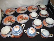 Vintage Japanese LusterWare Blue Hand Painted Teapot Plates Cups  Saucers Q295