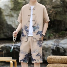 Men Summer Outfit 2-Piece Set Short Sleeve Shirt and Shorts Sweatsuit Set