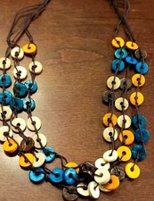 New Boho Blue Yellow Brown Wood Disc Beads Cord Hippie Beach Corded 26" Necklace