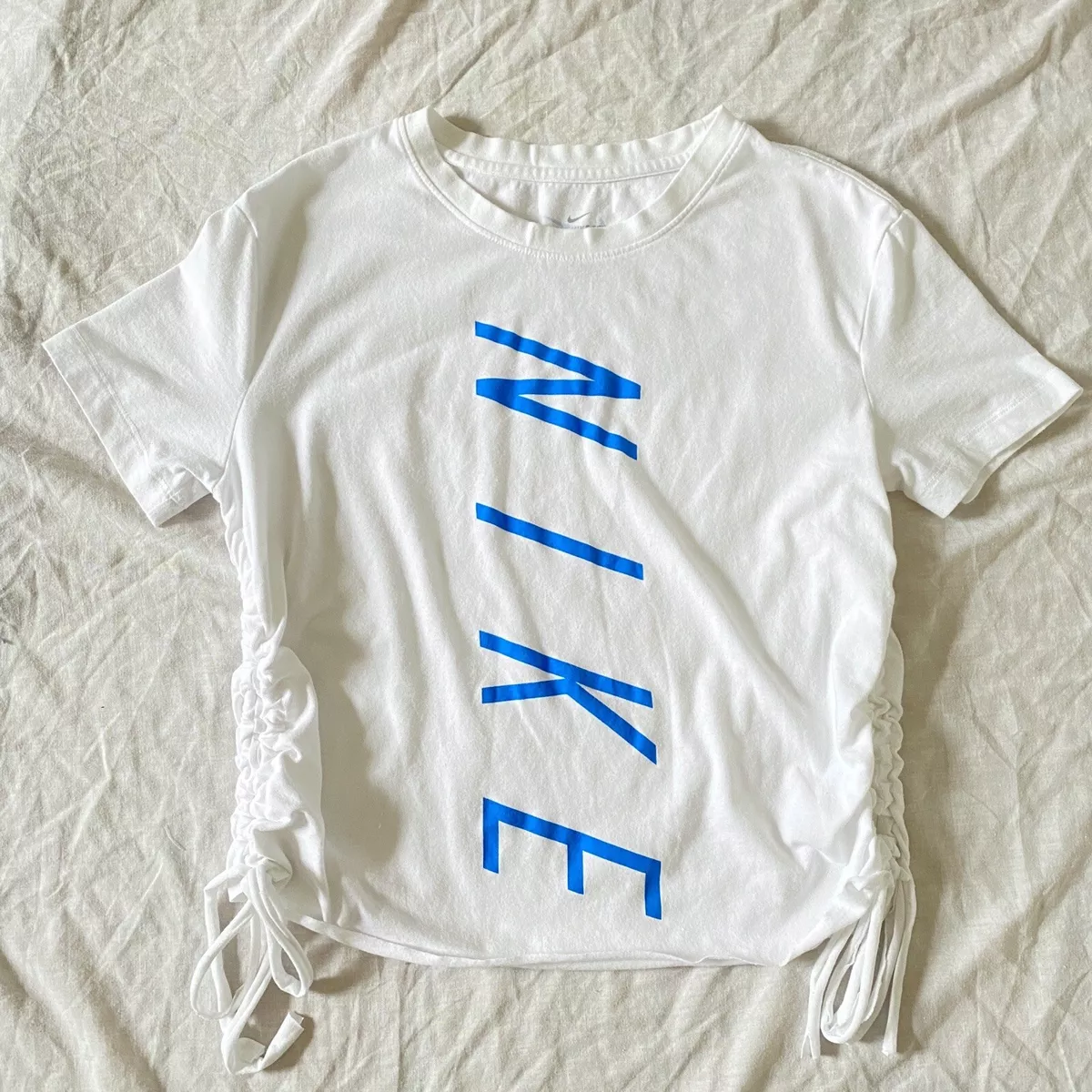 Nike Vintage 90s White Blue Spellout Ruched T Shirt Reworked Upcycled Size M
