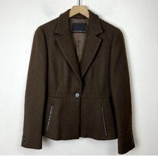 Prada Blazer Jacket Womens Size 42 Brown 100% Wool Coat 100% Leather Trim $1250