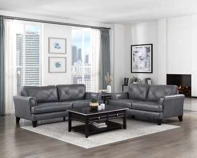 2 PC TOP GRAIN LEATHER BURNISHED GRAY SOFA LOVESEAT LIVING ROOM FURNITURE SET