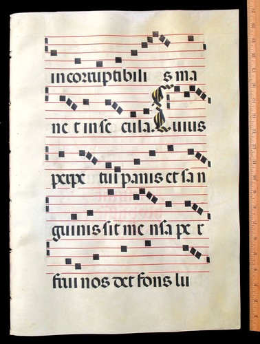 ILLUMINATED MANUSCRIPT CHOIRBOOK LEAF SPAIN c 1475, 2 LARGE ELABORATE INITIALS - Picture 3 of 6