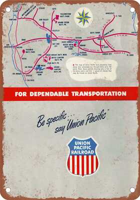 METAL SIGN - 1950 Union Pacific Route Map & Connections - Vintage Rusty Look