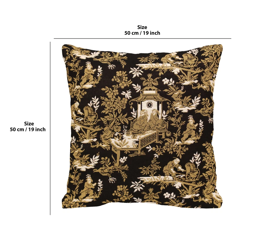 The Chinese on a Wheelbarrow Kiosk Black 19x19 in French Tapestry Cushion Cover - Image 2 of 4
