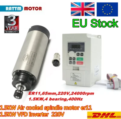 RATTM MOTOR 【UK】1.5KW CNC Air cooled Spindle Motor ER11 65mm 24000rpm,VFD Inverter 220V 2HP