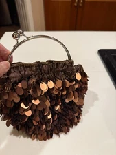 Vntg Metallic Handbag Bronze Bead Sequin Satin NYE Party Clutch IN'S 10" X 8"H
