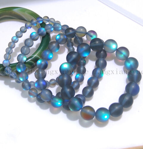 6/8/10/12mm Natural Gray Gleamy Rainbow Moonstone Round Gems Beads Bracelet AAA+ - Picture 1 of 9