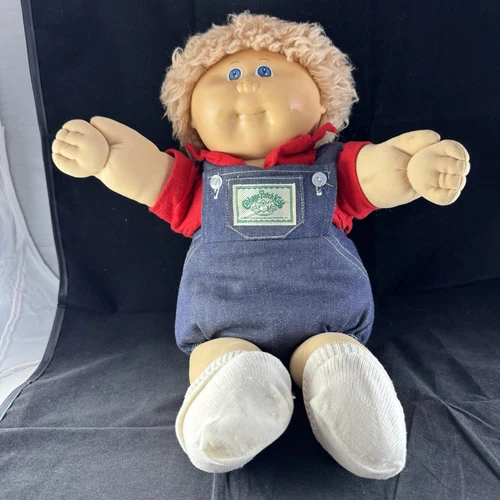 Vtg 1983 Cabbage Patch Kids HM1 Blonde Fuzzy Doll Boy Coleco Hong Kong Overalls