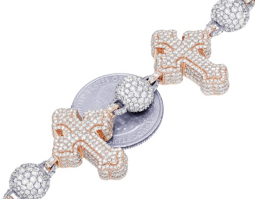 Men's Cross and Beads 17 1/2CT Real Diamond Bracelet 10k Rose/White Gold 9" - Picture 3 of 5