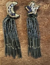 LAST PAIR Stella and Dot silver beaded MOON and STAR earrings, Vintage 