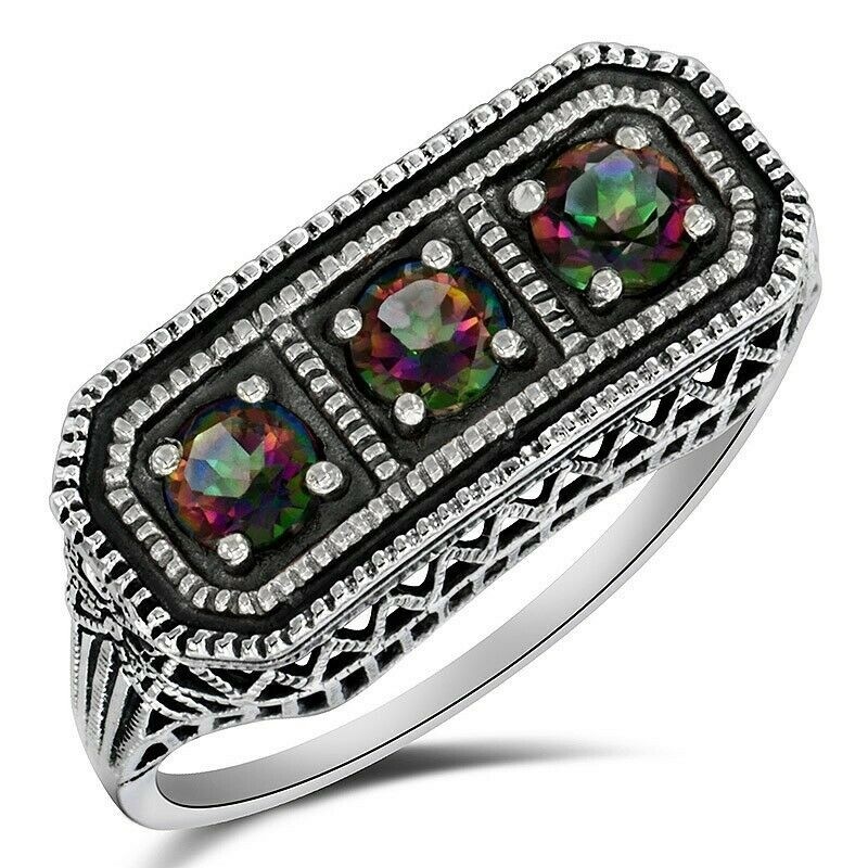 1CT Heat Treated Rainbow Topaz 925 Sterling Silver Vintage Style Ring Sz 7 