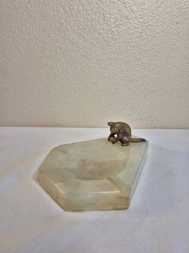1920s Art Deco Onyx Bronze Cat With Ball Desktop Ashtray or Catchall - Picture 1 of 14