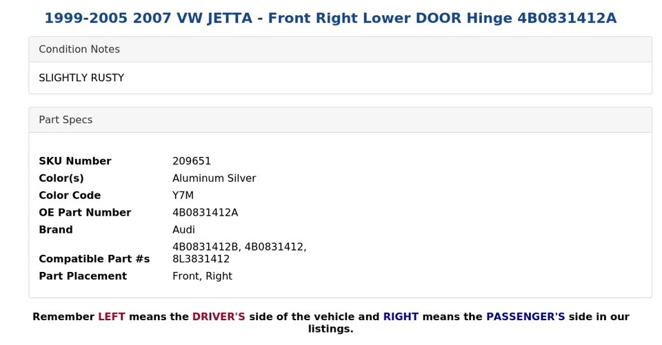 VW JETTA 1999-2005 2007 - Bisagra puerta inferior delantera derecha 4B0831412A Foto 4 de 4