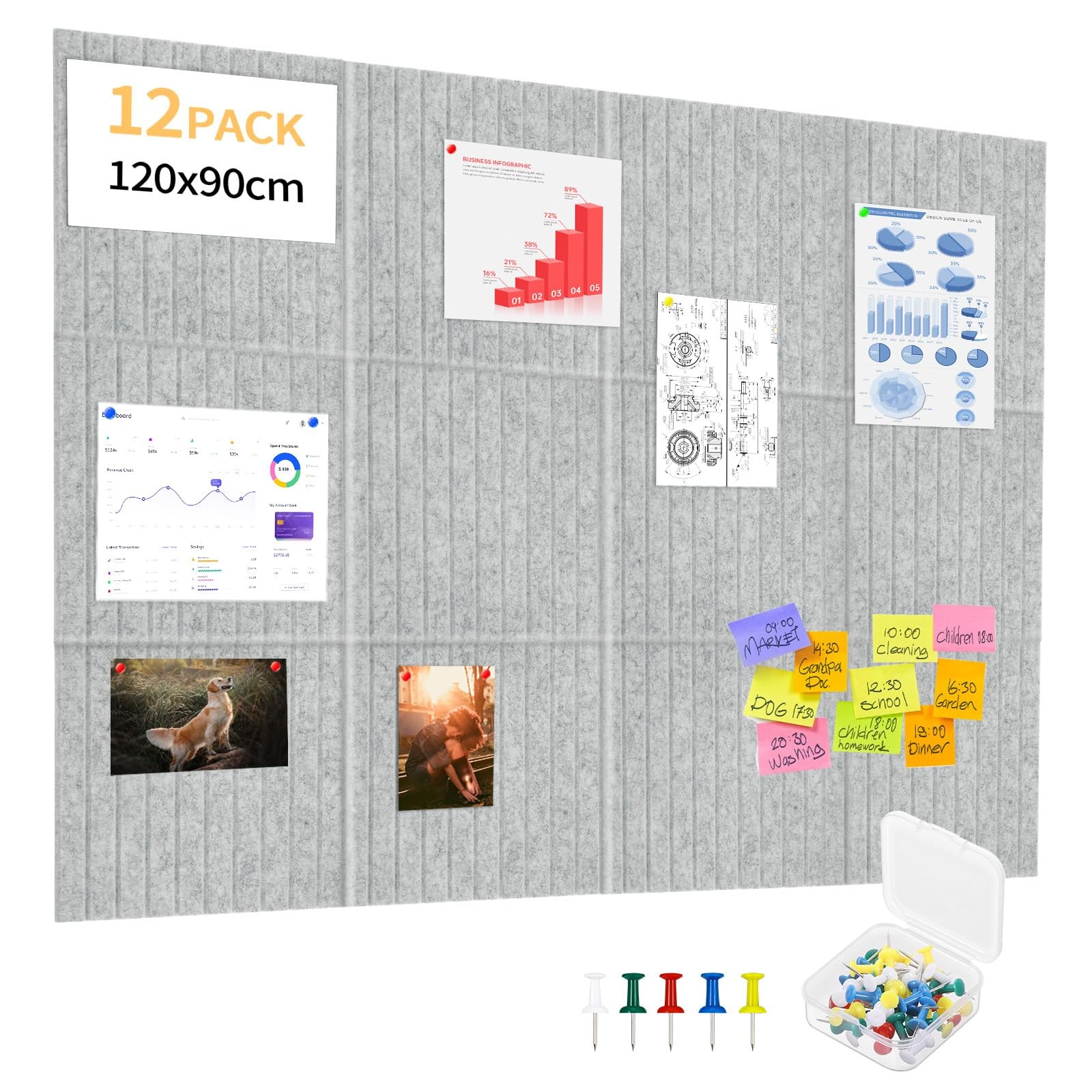 Tableaux d'affichage en feutre 30x30 cm lot de 12 dalles murales gris anthracite pour bureau