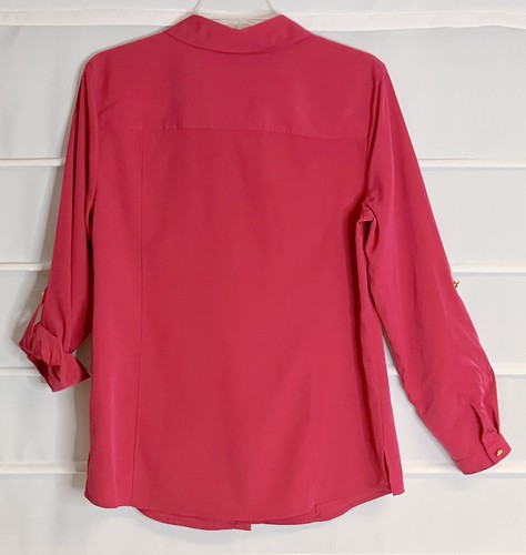JM Collection Hot Pink Embellished Roll Tab Sleeve Button Front Blouse 10 EC! - Picture 5 of 6