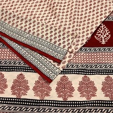 Vintage Sari Beige Block Printed Pure Cotton Saree Craft Fabric 5Yd Sewing Soft