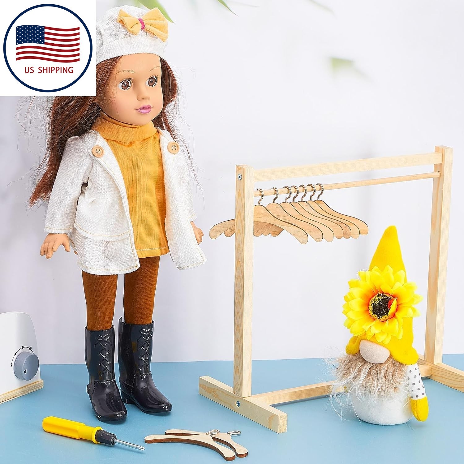 7PCS Wooden Hanger Set for Labubu Doll Clothes & Garment Rack