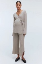 H&M Mama Maternity rib knit taupe melange trousers pants wide leg flowy S