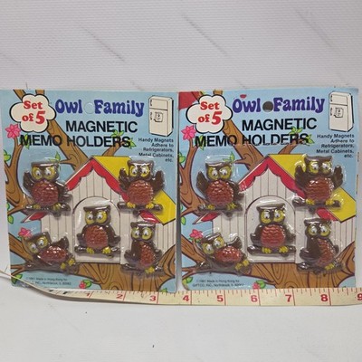 2 VTG GiftCo 5 Owl Family Magnetic Memo Holders Refrigerator Magnets Googly Eyes