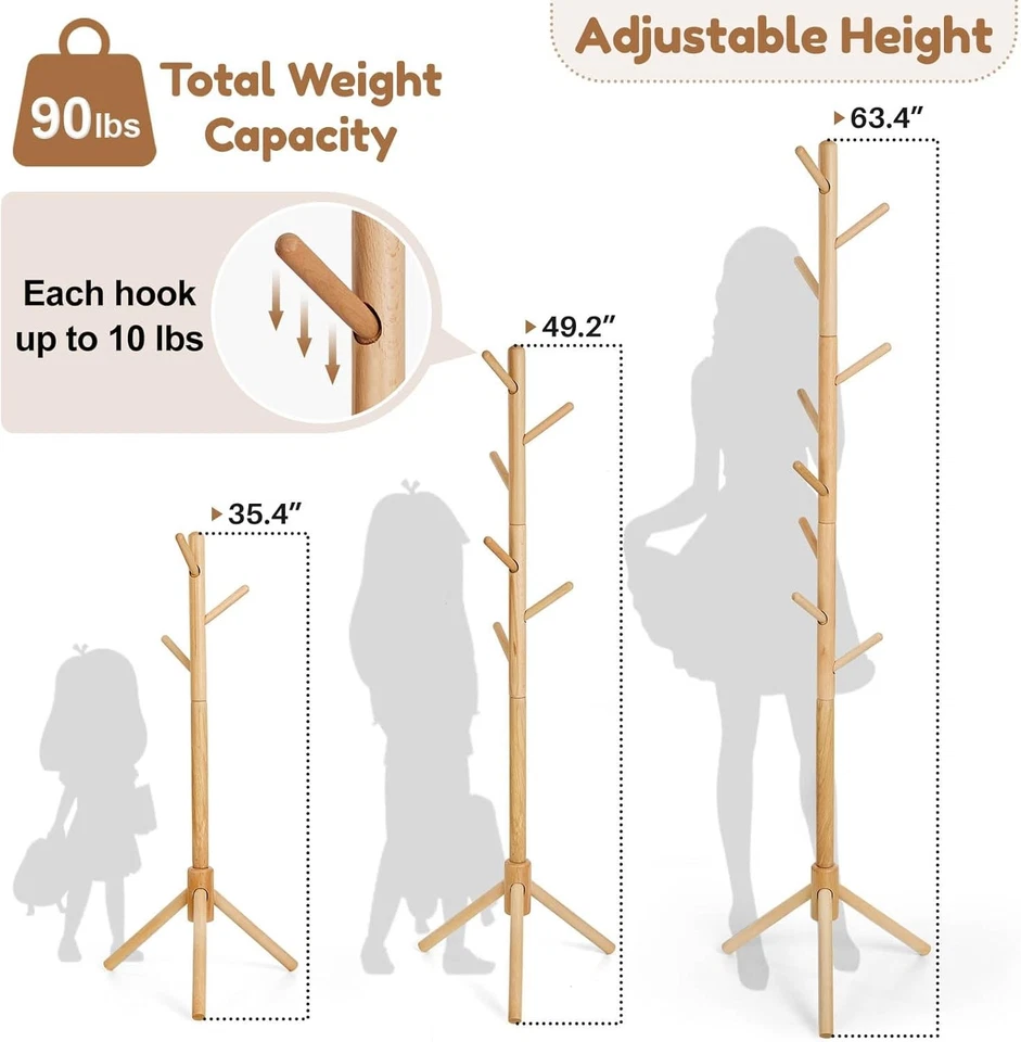 Kids Adjustable Wooden Coat Stand | 9 Hook Beech Wood Freestanding Rack - Image 3 of 4