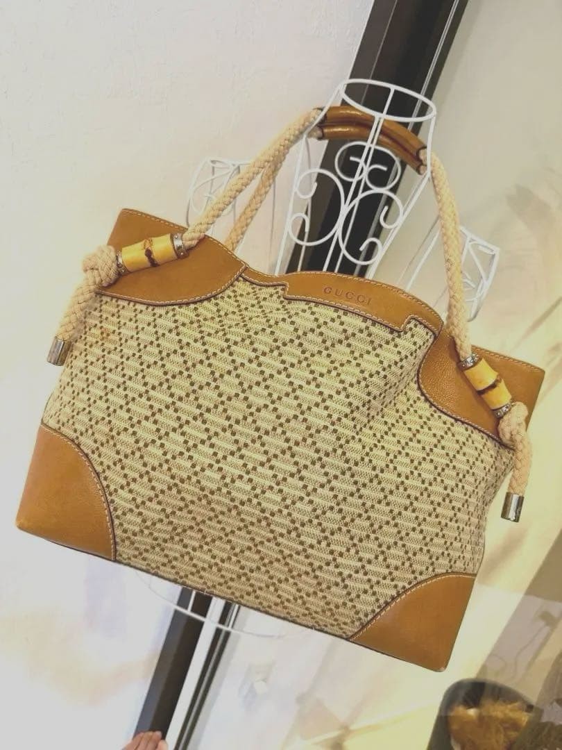 GUCCI Bamboo Rope Handle Tote Bag Beige Brown Canvas Leather Rare Authentic
