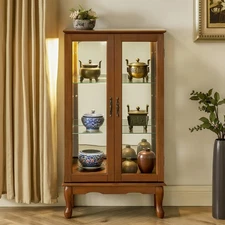 3-Tier Display Cabinet, Lighted Curio Cabinet w/Glass Doors & Adjustable Shelves