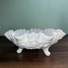 Imperial Glass Ruffled Edge 3 Footed Milk Glass Raised Roses Bowl Candy Dish VTG