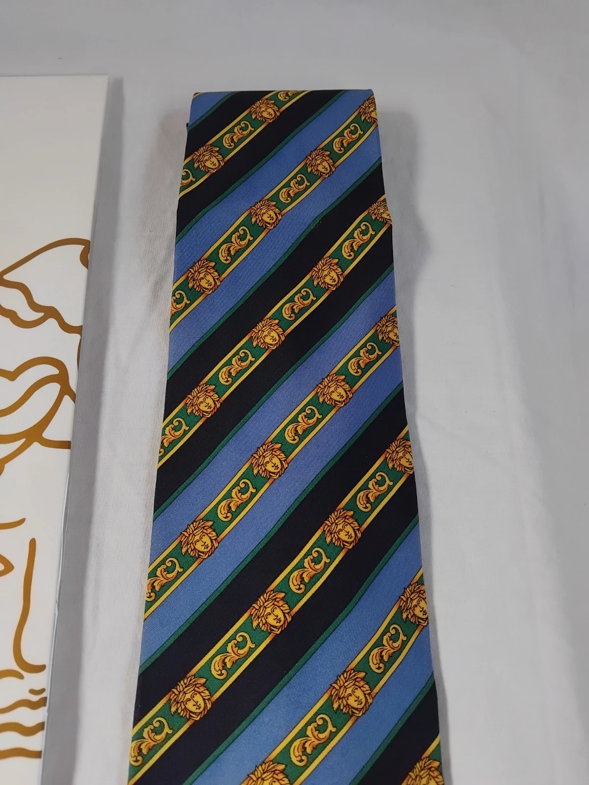Gianni Versace Blue Gold Striped Medusa Head Silk Necktie Made In Italy - product detail image 3