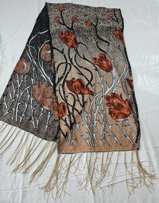 Tulup Burnout Rectangle Scarf 18 x 60 in, orange/red/black and silver w/ fringe