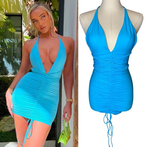 Mars the Label Waterfall Bodycon Mini Dress Baby Blue size UK 4 / US 0