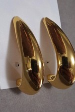 Vintage large gold plated earrings J shape, semi hoop style, polished finish
