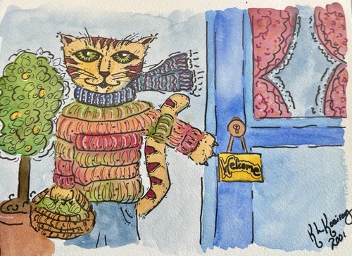 Cat welcome whimsical modern folk outsider original painting art