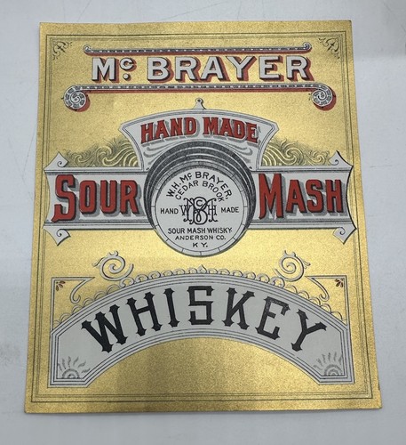 Antique McBrayer Sour Mash Whiskey Paper Sign Label Anderson Co KY Gold Gilt