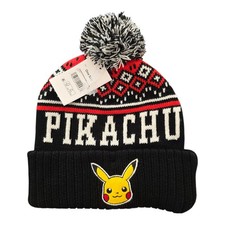 Women's NWT Pokemon Pikachu Pom Pom Beanie Hat One Size Cap Black White Red
