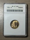 1934 Wheat Cent ANACS Soapbox Holder MS 67 Red