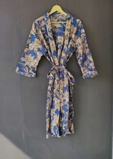 Indian Cotton Robe Long Kimono Sleepwear Grey Floral Print Night Kimono Robes US