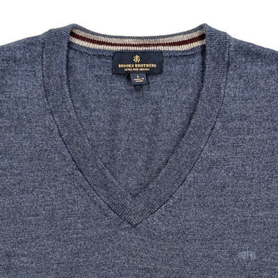 Brooks Brothers Mens Sweater Size L Blue Extra Fine Italian Merino Wool V Neck