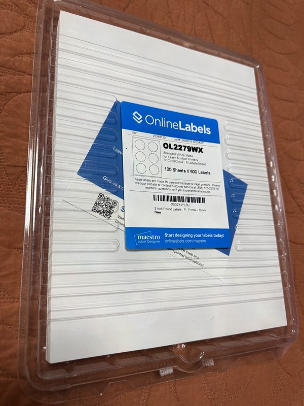 Online Labels OL2297WX, 100 Sheets/600 Labels, 3" Round, Standard White Matte